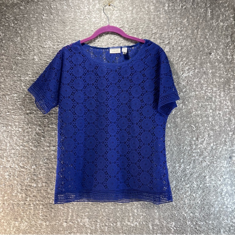 Chico's Women Blue Short Sleeve Top Size 0 Blue Polyester Crochet